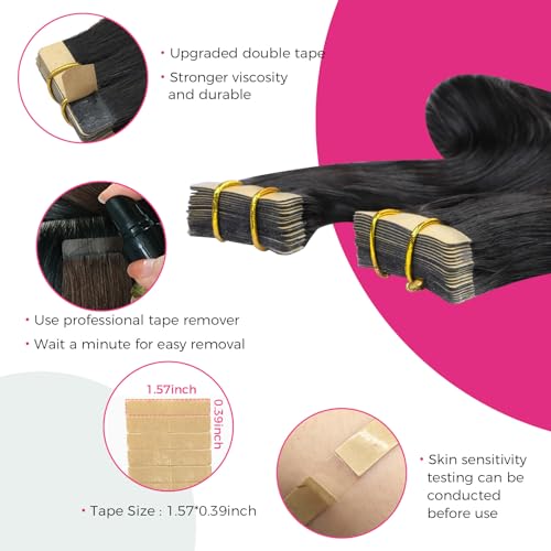 Lashey Human Hair Tape in Hair Extensions 40pcs 100g Natural Black Body Wave Real Human Hair 24 Inch Long Hair Skin-Weft Tape in Hair Extensions for Women