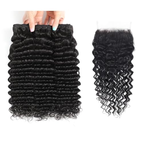 12A Human Hair Bundles with Closure-Deep Wave Bundles 20 22 24+18 Inch 5x5 HD Lace Closure Water Wave, Wet and Wavy 100% Brazilian Virgin Deep Curly 3 Bundles Human Hair Quick Weave Bundle for Women