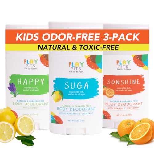 PLAY PITS - Kids Deodorant for Girls & Boys - Natural - Aluminum-Salt Free - Safe for Sensitive Skin - Variety Pack - SUGA, SONSHINE, & HAPPY ? Clean, Non-Toxic, & Paraben Free - 2.65oz - 3 pack