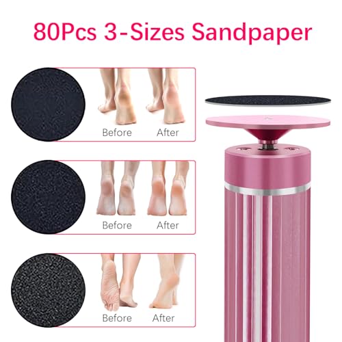 5.3'' Electric Foot Callus Remover with 80pcs Sandpaper Discs & Brush, Professional Aluminum Ergonomic Pedicure Tool, Stepless Speed & Reverse Control for Dead Skin Removal (Pink)