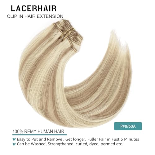 Lacer Hair Clip In Hair Extensions Human Virgin Hair Thick Weft Light Brown And Platinum Blonde Highlights Color Metal Clip Salon Quality Straight Clip In Hair Extension 7 Pieces 140 Gram 22 Inch