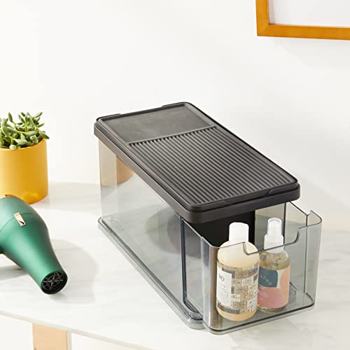 iDesign The Sarah Tanno Collection Medium Stacking Cosmetic Drawer Organizer with Lid and Divider, Smoke/Black