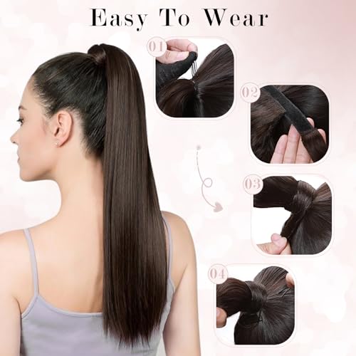 Ponytail Extensions Human Hair Long Straight Ponytail Hair Extensions with Magic Paste Wrap Around Clip in Ponytail Extensions Real Human Hair,22inch #60 Platinum Blonde,95g