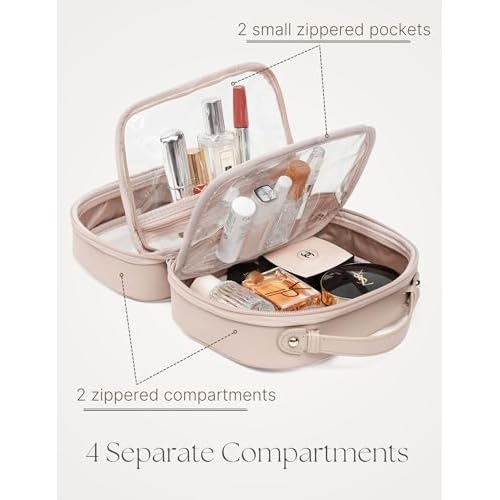 Clear Cosmetic Bag Double Layer Travel Toiletry Bag Clear Makeup Bag Case with 4 Compartments, Transparent Travel Bag for Toiletries, Large Toiletry Bag for Women Cosmetic Case (Taupe, Large)