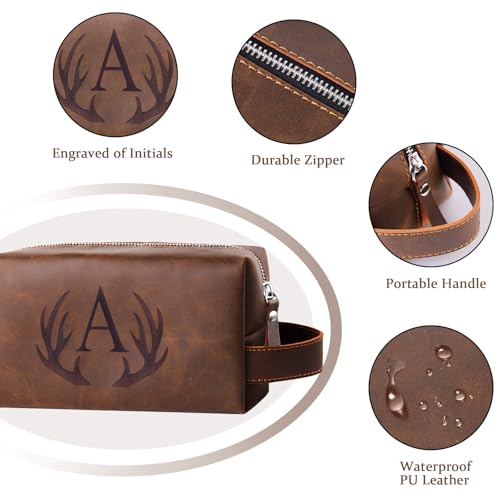 Personalized Toiletry Bag for Men Engraved Initial Cool Gifts for Dad Husband Boyfriend Grandpa Son PU Leather Waterproof Shaving Bag for Toiletries Accessories Travel Essentials (A)