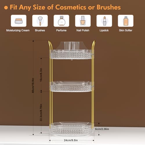 Awenia Rotating Makeup Organizer 360, Stackable Adjustable Large Capacity Cosmetic Storage Unit,Dresser Bathroom Kitchen Countertop Organizer with Metal Handle, Plus Size (Clear, 3 Tier)