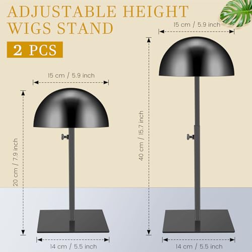 Sintuff 2 Pcs Hat Display Stand 7.9-15.7 Inch Adjustable Hat Holder Sturdy Wigs Head Stand Anti-rust Non-slip Stable Stainless Steel Metal Hat Rack for Multiple Hats Storage Wig(Black,Square Base)