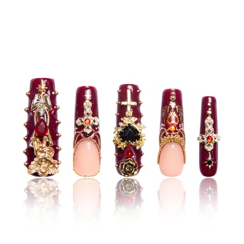 LOVFUL Press on Nails Gothic Romance| Handmade with Full Covered Crystals| Reusable Fake Nails| Square Mid length 1.7in| H333-M