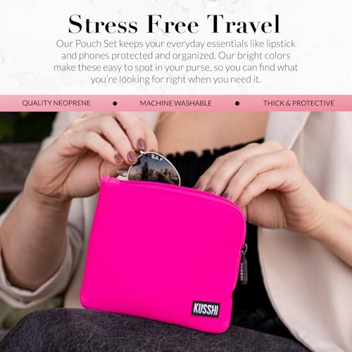 KUSSHI 2pc Neoprene On-The-Go Pouch Set - Passport Holder and Travel Zipper Makeup Pouch for Purse - Small Purse Pouch for Organization, Electronics, Glasses & Valuables (Pink)