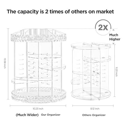 HBlife Extra Large 360 Rotating Makeup Organizer Adjustable Carousel Diamond Large Capacity Revolving Perfume Organizer Skincare Organizers Cosmetic Storage Spinning Holder for Vanity, Clear