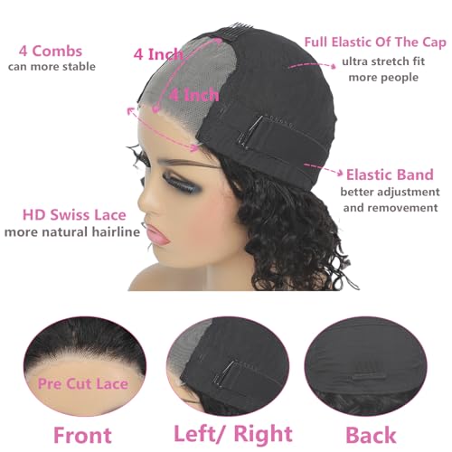 Wear And Go Glueless Wigs Human Hair Pre Plucked Pre Cut Lace Deep Curly Human Hair Wigs For Black Women 4x4 Closure Wigs Human Hair Reay To Wear Glueless Wig For Beginners 150% Density (28inch)