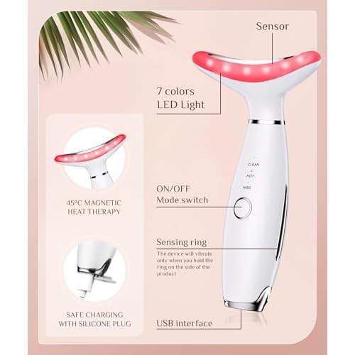 7 Color Galvanic Machines - Red Light Therapy for Face and Neck, Face Massager Tool for Wrinkles, Double Chin, Vibrating Facial Massager with Thermals, White
