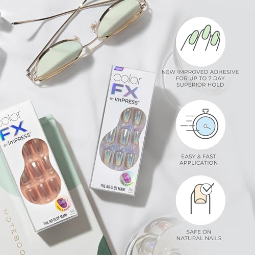 KISS imPRESS No Glue Mani Press On Nails, Color FX, 'Dimension', Light Neutral, Short Size, Squoval Shape, Includes 30 Nails, Prep Pad, Instructions Sheet, 1 Manicure Stick, 1 Mini File
