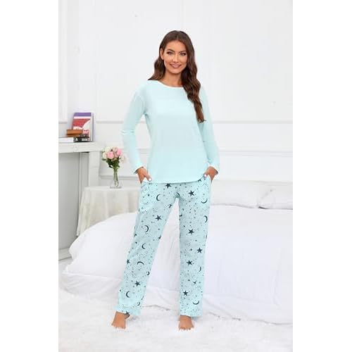PNAEONG Women's Cotton Long-Sleeve Tops and Full-Length Pajama Set Two-Piece Pjs with Pockets SY008