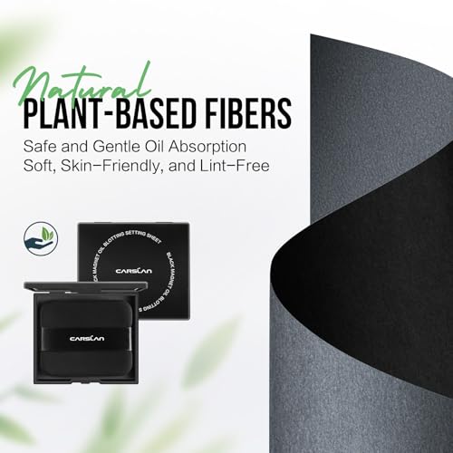 CARSLAN Black Magnet Oil Blotting & Setting Sheets with Mirror & Powder Puff, 2-in-1 Oil Absorbing Facial Papers, Natural Plant Fiber, On-the-Go Touch-Up, 150 Sheets + 8 Refill Pads