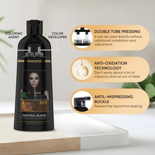 Hair Dye Shampoo for Gray Hair, 3 in 1 Herbal Ingredients Natural Dye for Women Men, Grey Coverage(500mL,17.6 Fl Oz) (Black)