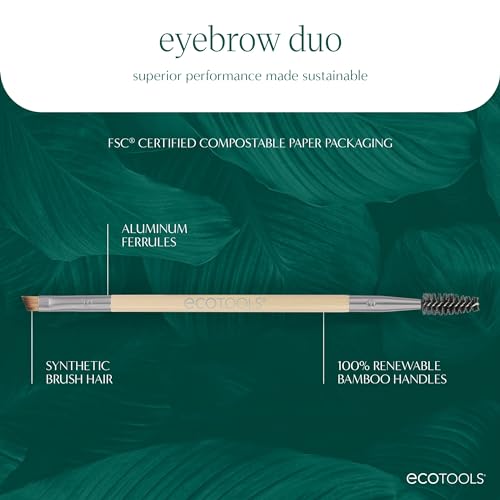 EcoTools Eyebrow Brush Duo, Tame, Sculpt & Fill in Brows, Multipurpose For Eyebrow Gel, Powder, & Cream, Dual-Ended Spoolie & Angled Brow Brush, Eco Friendly, Cruelty-Free, & Vegan, 1 Count