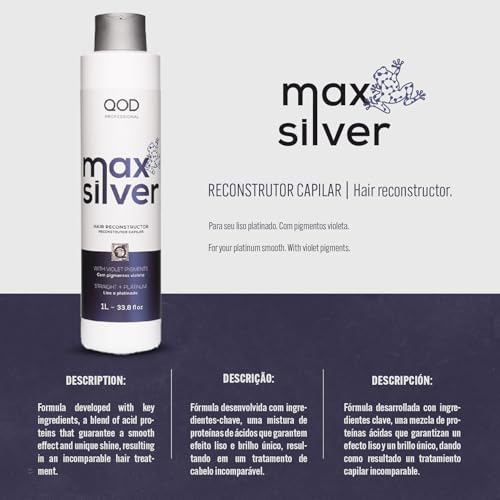 QoD PRO Max Silver Hair Reconstructor, Brazilian Keratin Treatment with Violet Pigments for All Hair Types, Natural, Long-Lasting Straightening Effect, Zero Frizz, Instant Shine, 33.8 oz (1 L)