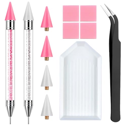 2 Pack Rhinestone Picker Tool Dotting Pen with 4 Wax Tips and Tray, Wax Pencil for Rhinestones, Gem Picker Pen Diamond Jewel Applicator, Rhinestone Tools for Bedazzling DIY Nail Art