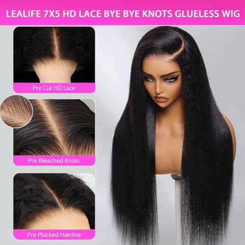 7X5 HD Glueless Wigs Human Hair Pre Plucked Pre Cut Pre Bleached Knots,Wear and Go Glueless Wigs,Straight Lace Front Closure Wig for Black Women 200% Density 26 Inch