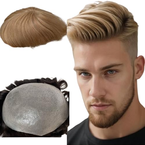 Ultra Thin Skin Men's Toupee 8x10 Inch Hairpiece for Men 0.03mm PU Base 100% European Human Hair V-Looped Natural Hairline Light to Medium Density (#22 Light Ash Blonde Color, 10x8 INCH)