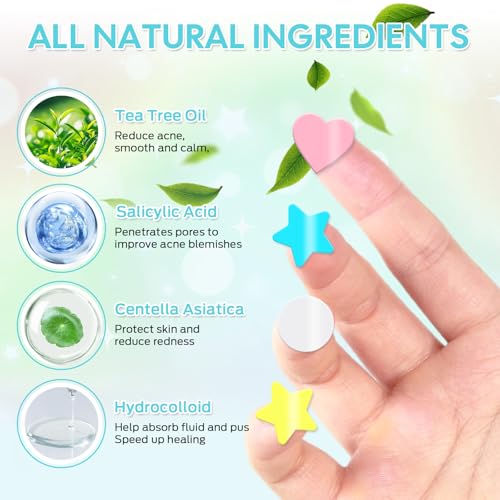 Pimple Patches,Hydrocolloid Star Pimple Patches for Face,Acne Patches for Face,Invisible Blemish Patches with Tea Tree, Salicylic Acid and Centella Asiatica 306 Count,Vegan,Suitable for All Skin Types