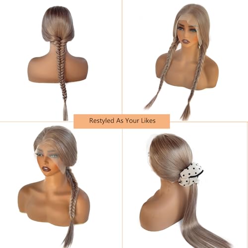 13x6#Ash Blonde Lace Front Wigs Human Hair Pre Plucked 180 Density HD Transparent Straight Lace Frontal Wigs Human Hair for Women,10A Glueless Wigs with Natural Hairline,Champagne Blonde