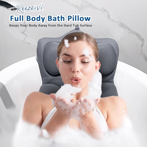 REEZEIVI Full Body Bath Pillow,Thick Bathtub Cushion with Laundry Bag,Bath Pillow with 13 Non-Slip Suction Cups,Soft 3D Mesh Fabric,Bathtub Cushion for Headrest Neck and Back Support (Gray)