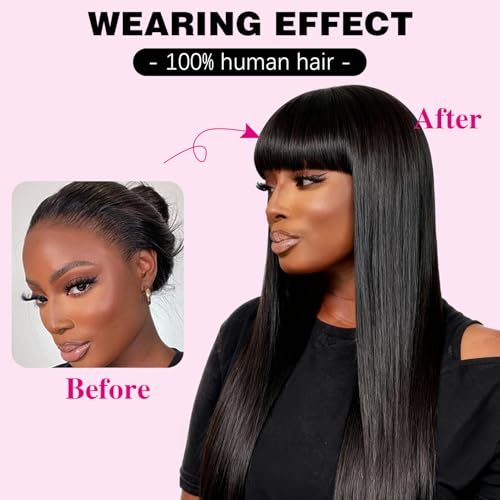 Lace Front Wigs With Bangs 2x4 Human Hair Wigs For Women 200% Density Brazilian Virgin Hair Glueless Wig Natural Black Color(22 Inch)