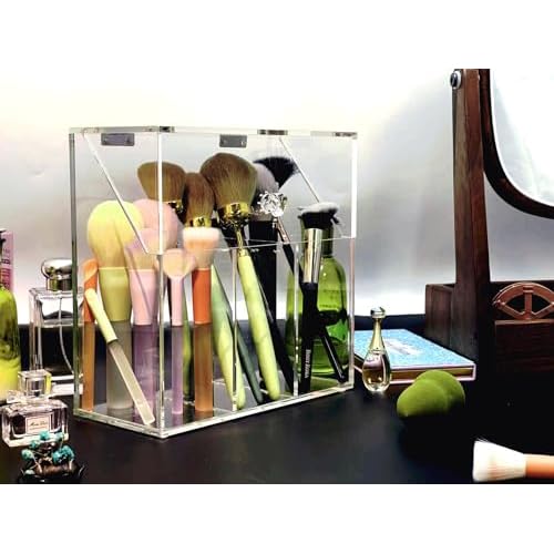 Acrylic Makeup Organizer,Clear Cosmetic Brush Storage Box With 3 Brush Holders,Makeup Brush Holderwith Dust Cover, Large-capacity Split Design Can Quickly Organize the Desktop£¨No pearls£©