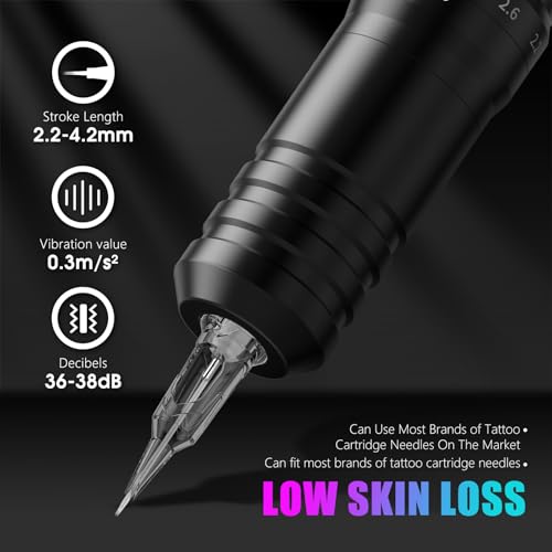 Tattoo Gun - Kiss of Dragon 2400mAh Rotary Tattoo Machine with 6 Adjustable Stroke Lengths, Coreless Motor Options Dual batteries for longer working time-Professional Tattoo Artis
