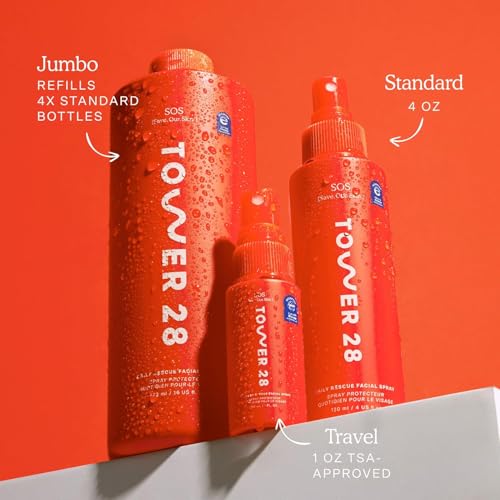 Tower 28 SOS Daily Rescue Spray Duo for Sensitive Skin, Hypochlorous Acid Spray Helps Reduce Redness and Breakouts, Full Size and Travel Size