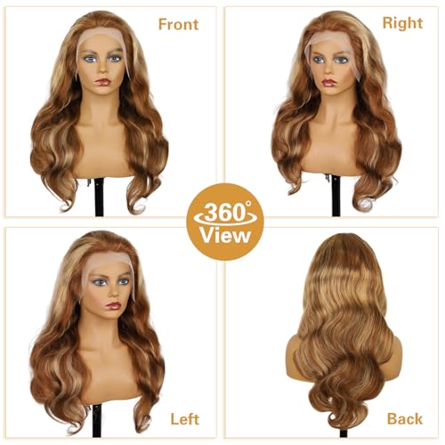 26 Inch Ombre Lace Front Wigs Human Hair 200% Density 13X4 Highlight Body Wave Lace Front Wig Human Hair Pre Plucked for Women Brown mixed Blonde HD Lace Frontal Wigs