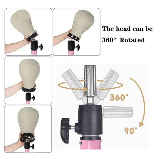 Reinforced Wig Stand Tripod 59" Heavy Duty Adjustable Mannequin Head Stand Tripod for Styling Cosmetology Hairdressing Training, Pink Wig Head Stand Sets with Wig Caps,Comb,Hair Clips, T-Pins,Headband