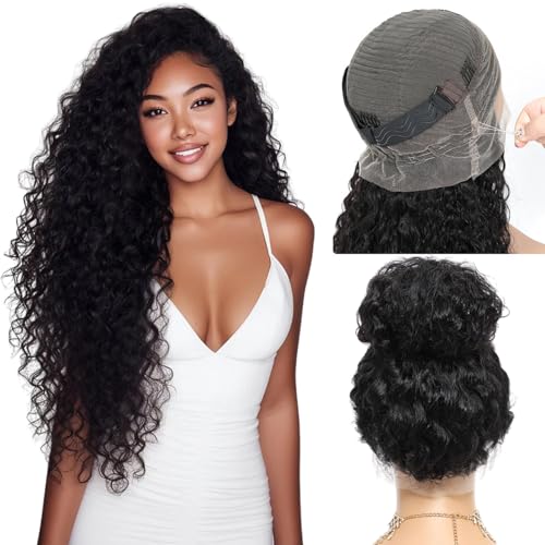 360 HD Lace Water Wave Wig Human Hair ? Hidden Strap Glueless Wig for Women, Pre Plucked Natural Hairline, Bleached Knots, Beginner Friendly, Invisible Secure Fit, 250% Density, Natural Black