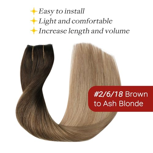Wire Hair Extensions Real Human Hair, Invisible Wire Hair Extensions Fish Line Long Curly Hair Extensions for Women Adjustable Headband 20inch 85g Dark Brown to Dirty Blonde(#2/6/18-20inch)
