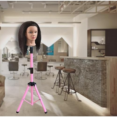 Reinforced Wig Stand Tripod 59" Heavy Duty Adjustable Mannequin Head Stand Tripod for Styling Cosmetology Hairdressing Training, Pink Wig Head Stand Sets with Wig Caps,Comb,Hair Clips, T-Pins,Headband