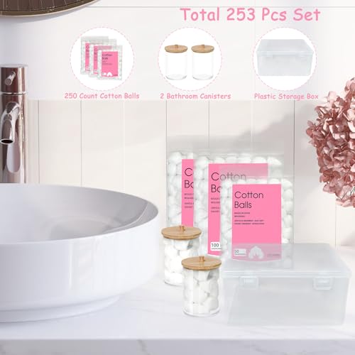 250 Count Cotton Balls, 100% Pure Organic Cotton, Soft & Super Absorbent, Includes 2 Cotton Ball Holders for Bathroom & Vanity, Perfect for Face Makeup Remover, Nail Polish Removal, Crafts, Pet Care