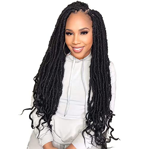 Niseyo Wild Goddess Locs 18 Inch Distressed New Faux Locs with Curly Ends 8 Packs Long Soft Pre-looped Crochet Hair (2#, Off Black)