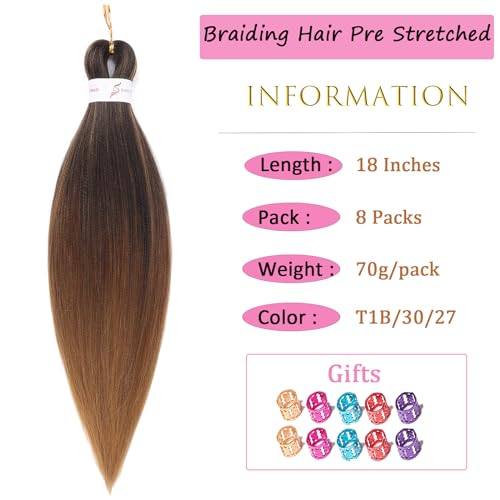 Ombre Braiding Hair Pre stretched 18 Inch 8 Packs Pre stretched Braiding Hair For Twist Long Yaki Texture Professional Synthetic Hair Extension Itch Free Hot Water Setting(18", T1B/30/27#)