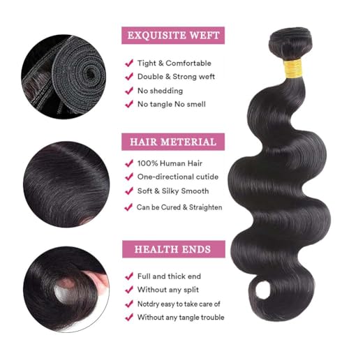 Body Wave Bundles with Closure Human Hair 20 22 24 with 18 Inch Human Hair Bundles with Closure Body Wave 100% Brazilian Virgin Weave Bundles with HD Lace Closure Natural Blac