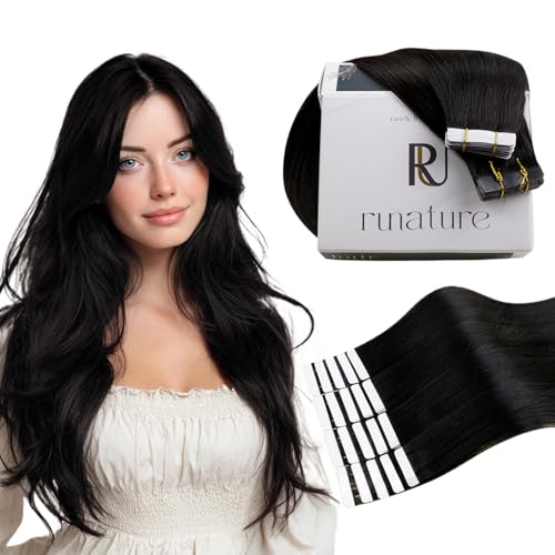 RUNATURE Tape in Hair Extensions Human Hair Jet Black, 30 Inch Tape in Extensions for Women, Long Straight Hair Extension Tape ins, Natural Looking,Thick Ends #1 50g 20pcs