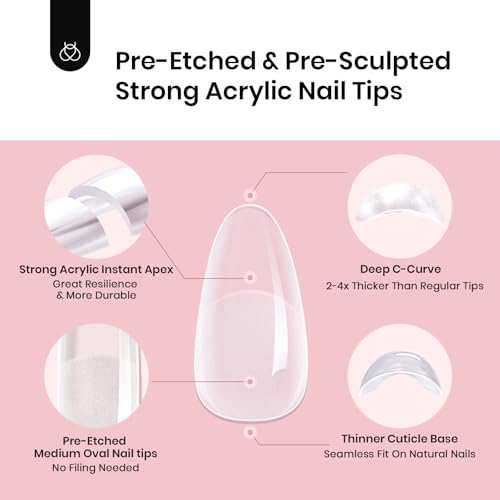 Beetles Tipex Instant Apex Nail Tips, Medium Oval Almond Acrylic Nails 192 Pcs Pre-Building Pre-Etched Thicker Gel Nail Tips - 16 Sizes Strong Full Cover False Nail