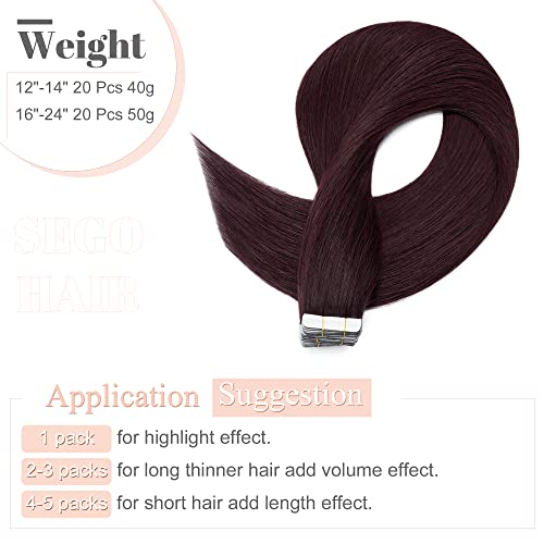 SEGO Tape in Hair Extensions Human Hair 16 Inch 50g 20pcs Natural Straight 100% Remy Rooted Seamless Skin Weft Invisible Double Sided Tape Hair for Women-Wine Red