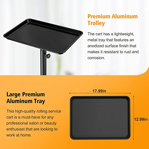 Salon Tray on Wheels - Premium Aluminum Tattoo Tray Rolling Trolley - Adjustable Salon Service Rolling Tray Hairdresser Cart with Clinic Spa Rolling Tray Wheels (Black)