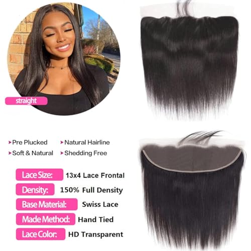 Human Hair Bundles with Frontal 3 Bundles with 13x4 Lace Frontal Free Part 12A Straight Hair 100% Unprocessed Brazilian Virgin (straight 3 bundles with frontal, 24 26 28+18)