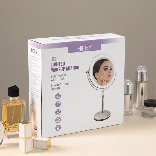 HIEEY Lighted Makeup Mirror with Magnification, 1x/10x Rechargeable 8" Lighted Mirror, 360¡Æ Rotation Touch Screen Vanity Mirror, Three Color Lighting Modes, Height Adjustable (Gift Box)