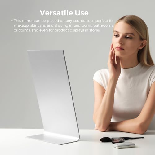 Frameless Makeup Mirror for Desk, 15 Inch Aluminum Standing Table Mirror, Large Counter Top Mirror