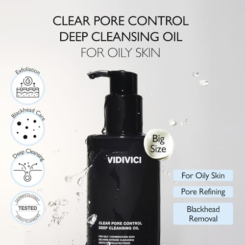 VIDIVICI Clear Pore Control Deep Cleansing Oil 10.14 fl.oz | Makeup remover with blackhead care, Korean facial cleanser for oily skin, Sebum control with Bamboo Charcoal Powder, Korean skin care