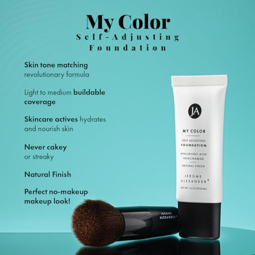 Jerome Alexander My Color Self-Adjusting Foundation, Hydrating & Lightweight Face Makeup, Skincare-Infused, with Kabuki Brush, Medium, 1 oz
